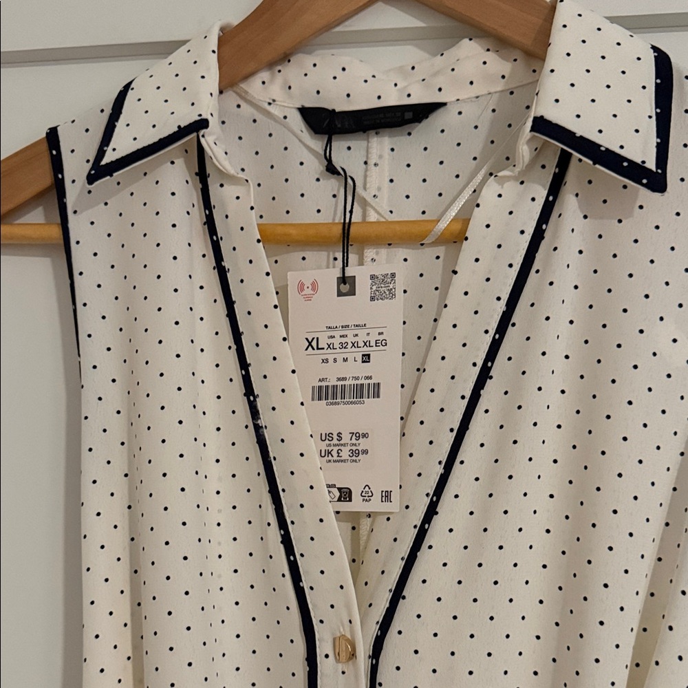 NWT Zara Cream and Navy Polka Dot Belted Midi Dress - Picture 2 of 4
